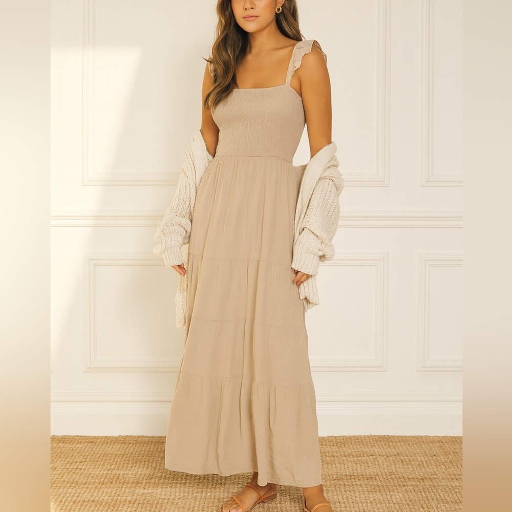 Ava Tan Taupe Maxi Smock Stretch Beachy Casual Dress